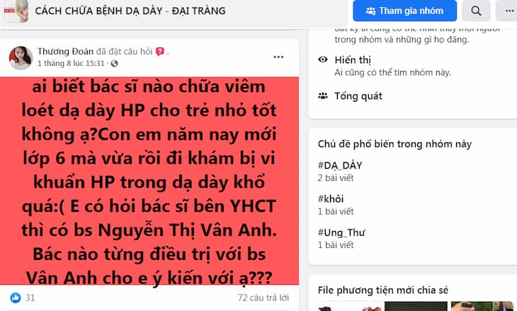 Một số câu hỏi của nhiều tài khoản muốn điều trị đau dạ dày bởi TS.BS Nguyễn Thị Vân Anh