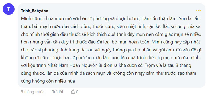 Tài khoản Trinh_Babydoo chia sẻ về trải nghiệm của bản thân khi trị mụn mủ tại Trung tâm Da liễu Đông y Việt Nam với Bác sĩ Lê Phương