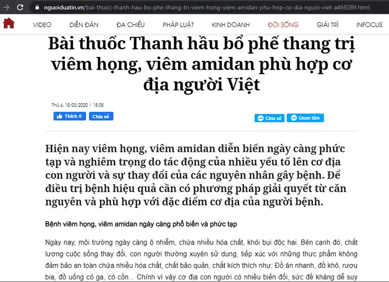 Nhiều bài báo đưa tin về bác sĩ Lê Phương và bài thuốc chữa viêm amidan Thanh hầu bổ phế thang